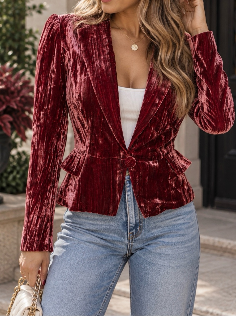 Alberto Makali Mauve Crushed Velvet Fitted Peplum Blazer Jacket Size 8